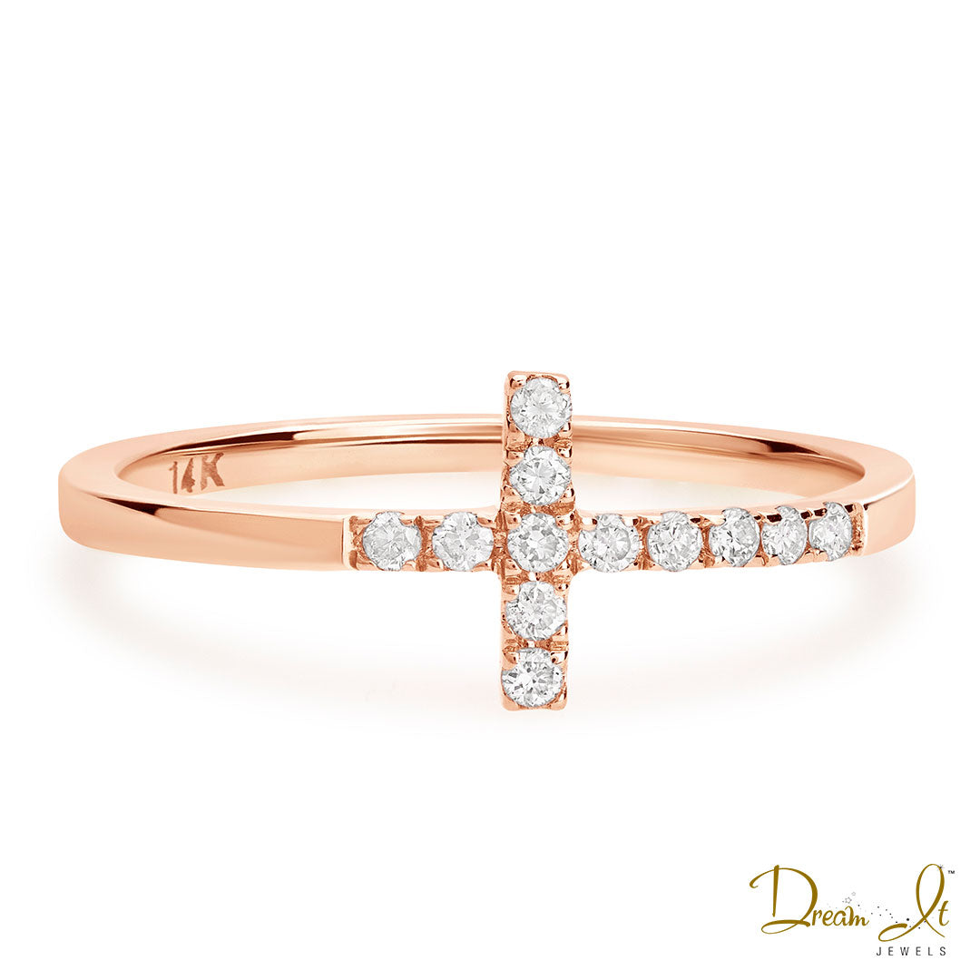 14 Karat Rose Gold and Diamond (0.15ct) Cross Ring - Dream It Jewels