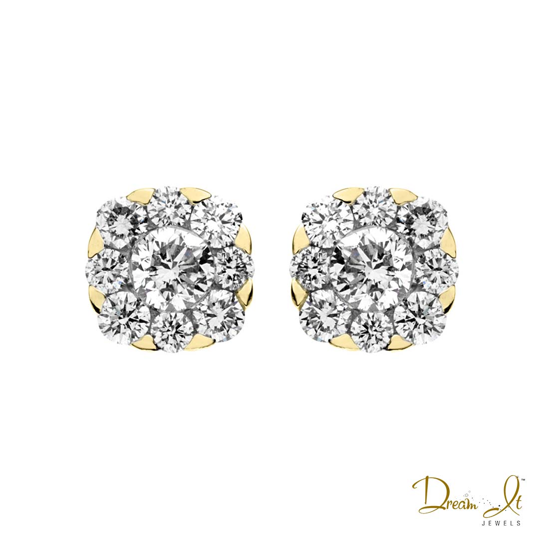 14 Karat Yellow Gold and Diamond (1.05ct) Cluster Cushion Shape Earrings | Dream It Jewels