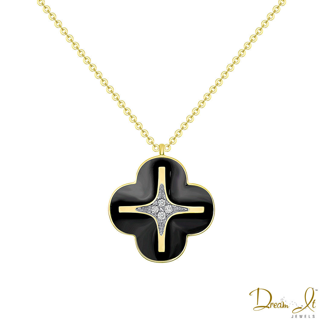 14 Karat Gold, Black Enamel and Diamond(0.06ct) Unique Cross Pendant