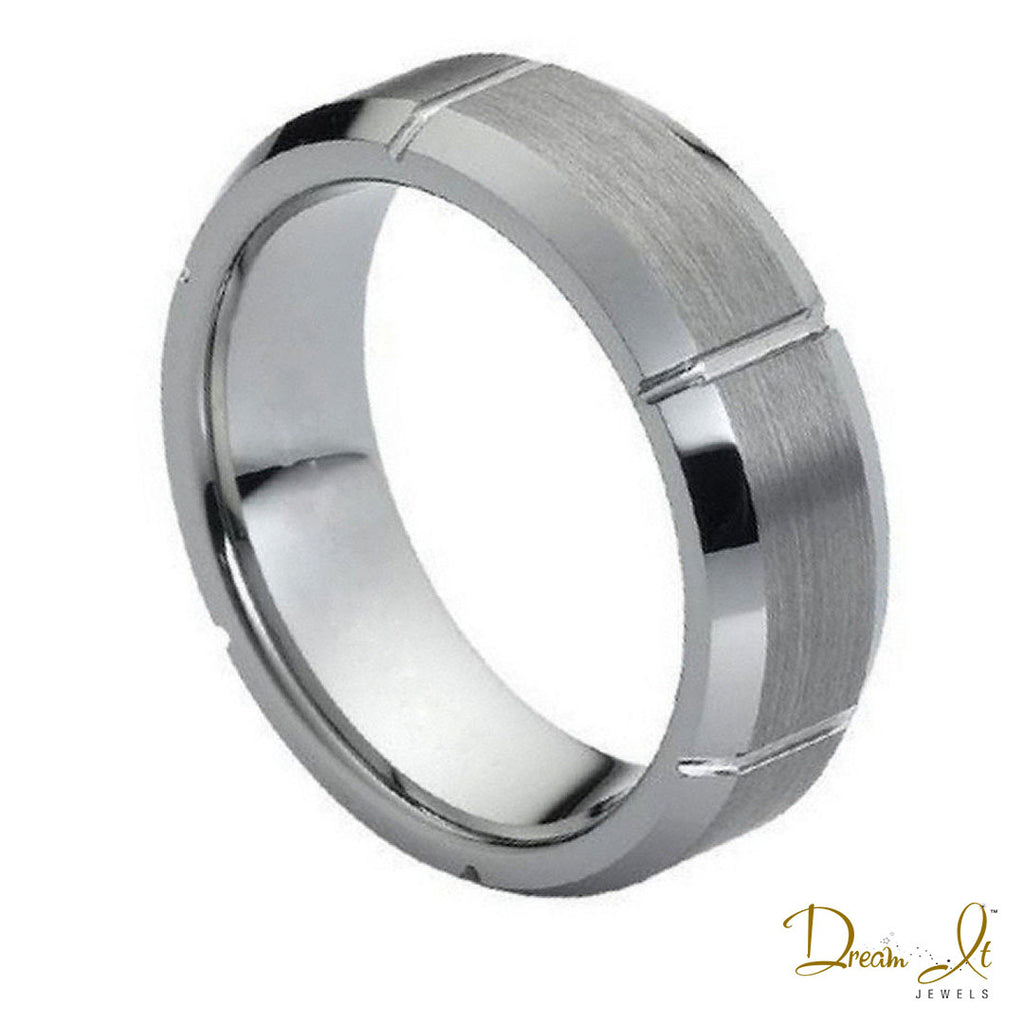 7mm Brushed Center and Vertical Grooved Tungsten Band | Dream It Jewels