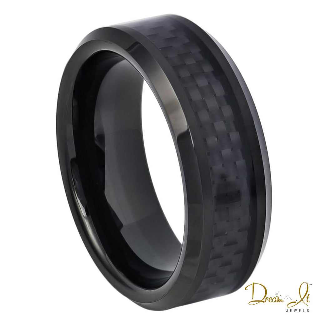 8mm Black Carbon Fiber and Polished Edges Tungsten Band | Dream It Jewels