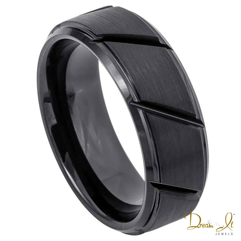 8mm Black Plated Brushed Center with Diagonal Grooves Tungsten Band | Dream It Jewels