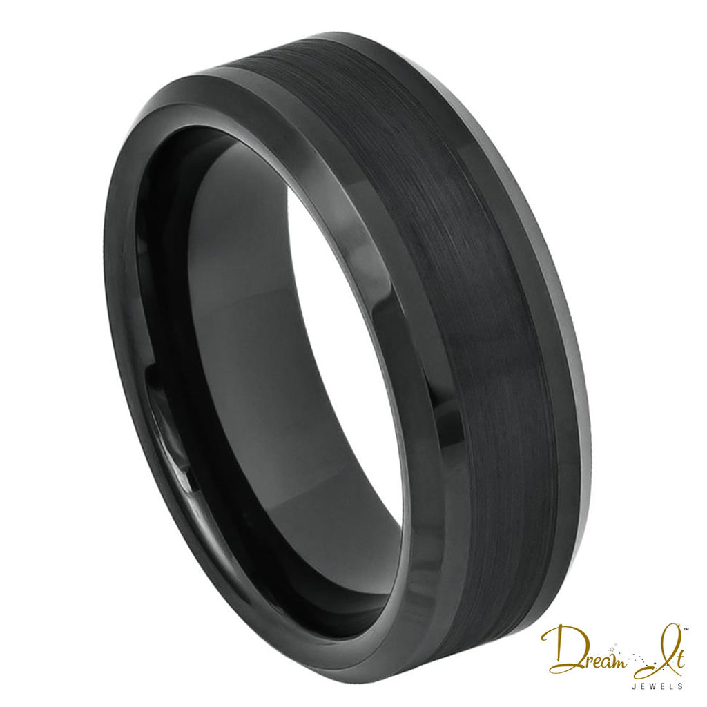 8mm Black Plated and Brushed with Polished Edges Tungsten Band | Dream It Jewels