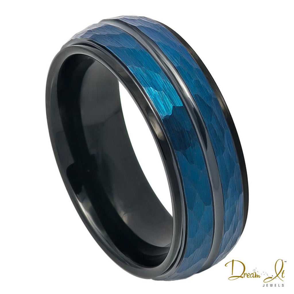 8mm Black and Blue Double Row Hammer Finish Tungsten Band | Dream It Jewels