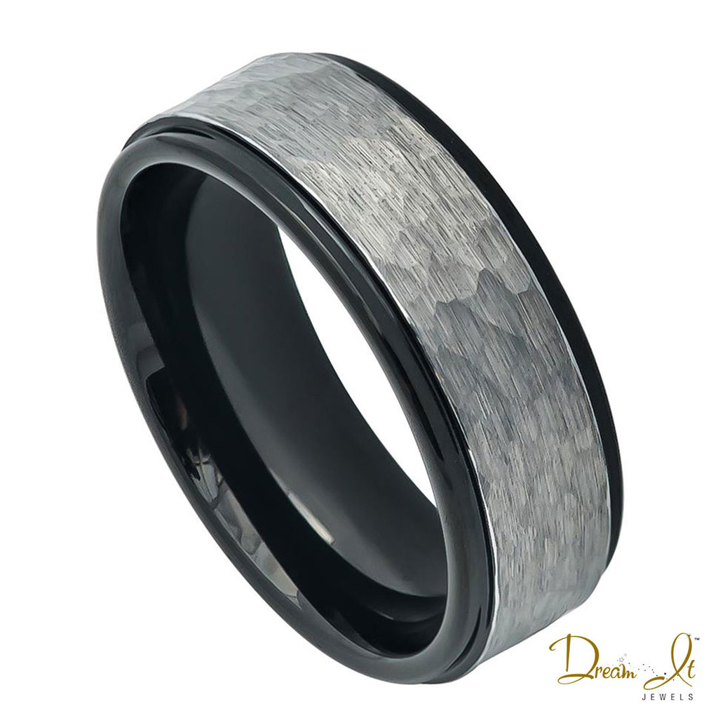 8mm Black and Grey Metal Hammer Finish Tungsten Band | Dream It Jewels