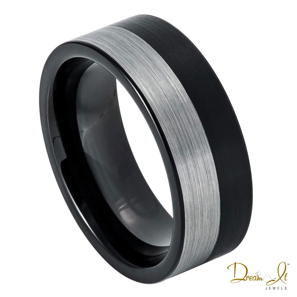 8mm Black and Grey Split Brushed Tungsten Band | Dream It Jewels