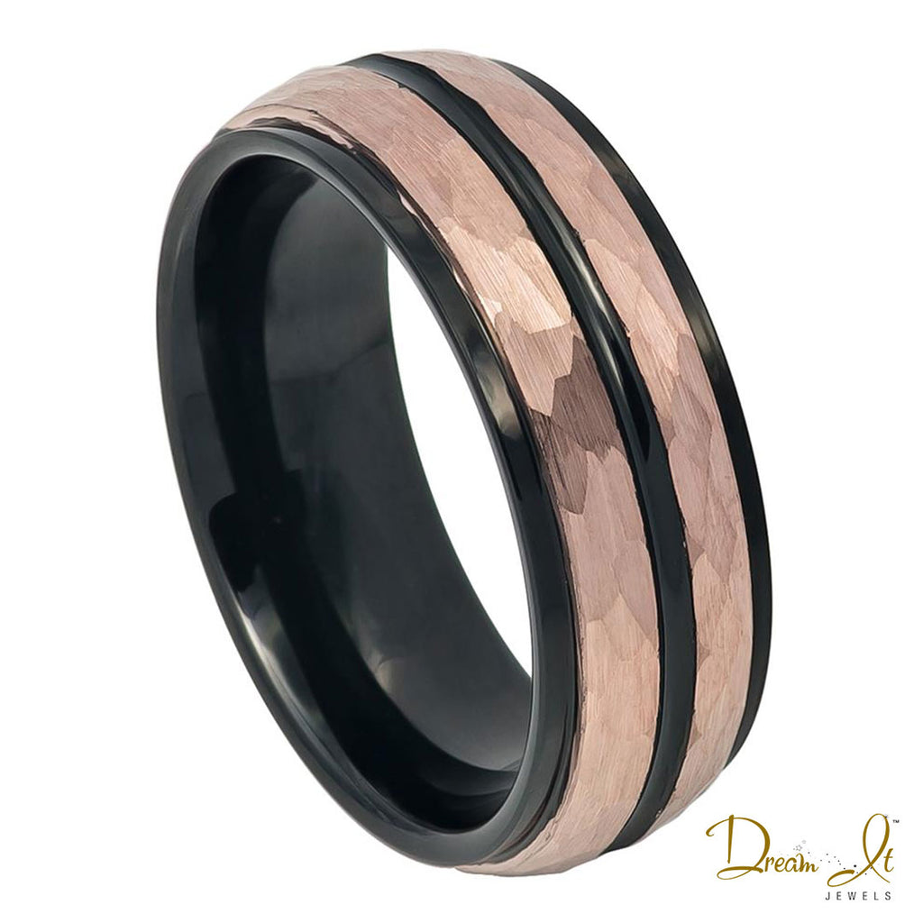 8mm Black and Rose Double Row Hammer Finish Tungsten Band | Dream It Jewels