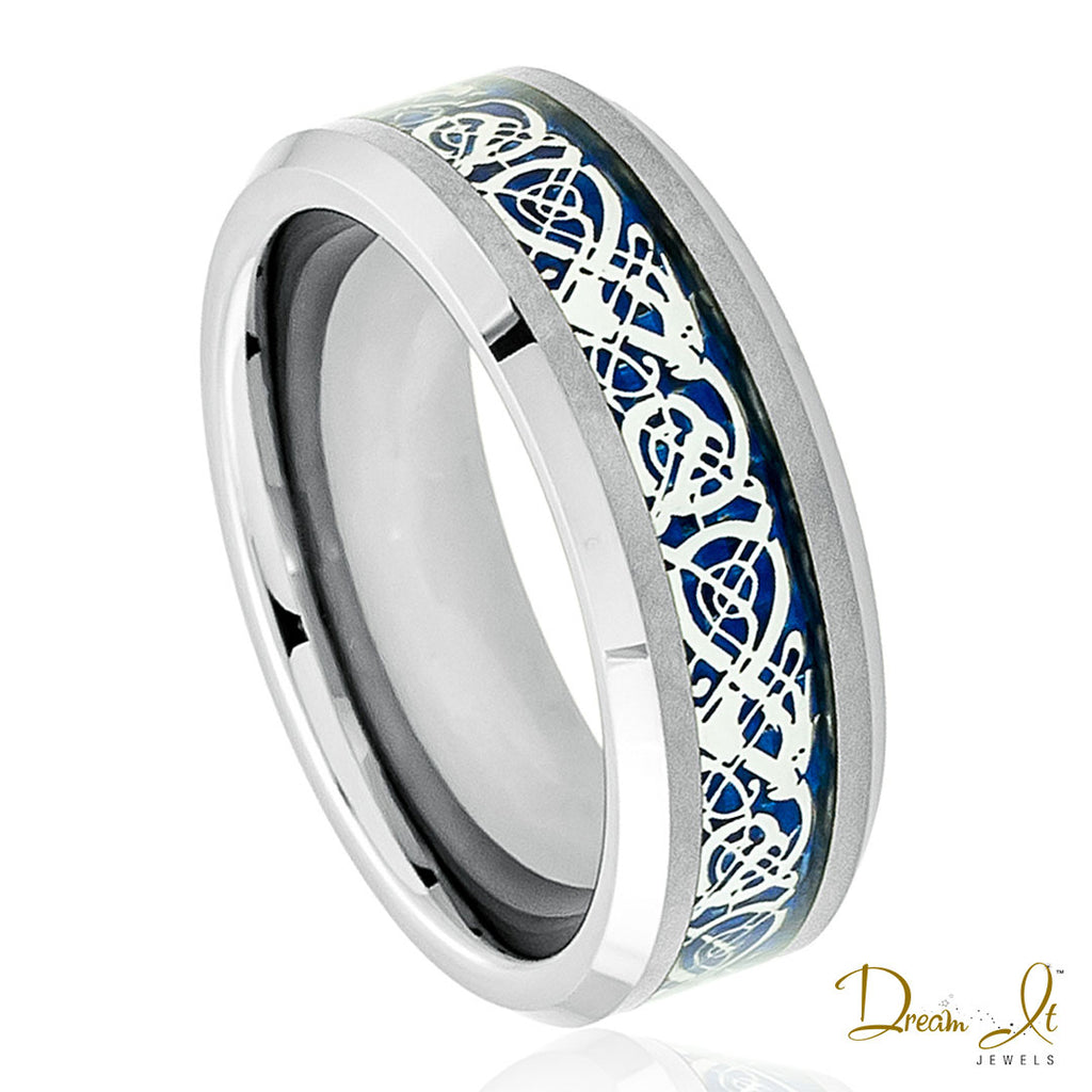 8mm Blue Celtic Dragon Cut with High Polished Edges Tungsten Band | Dream It Jewels