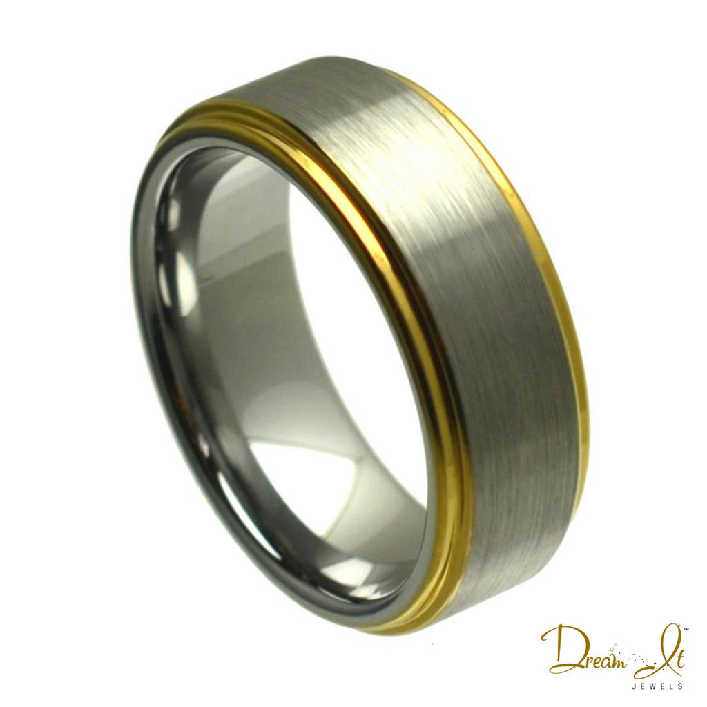 8mm Brushed Center and Yellow Gold Plated Edges Tungsten Band | Dream It Jewels