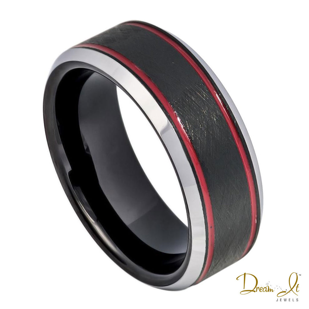 8mm Charcoal Gray and Red Striped Tungsten Band | Dream It Jewels