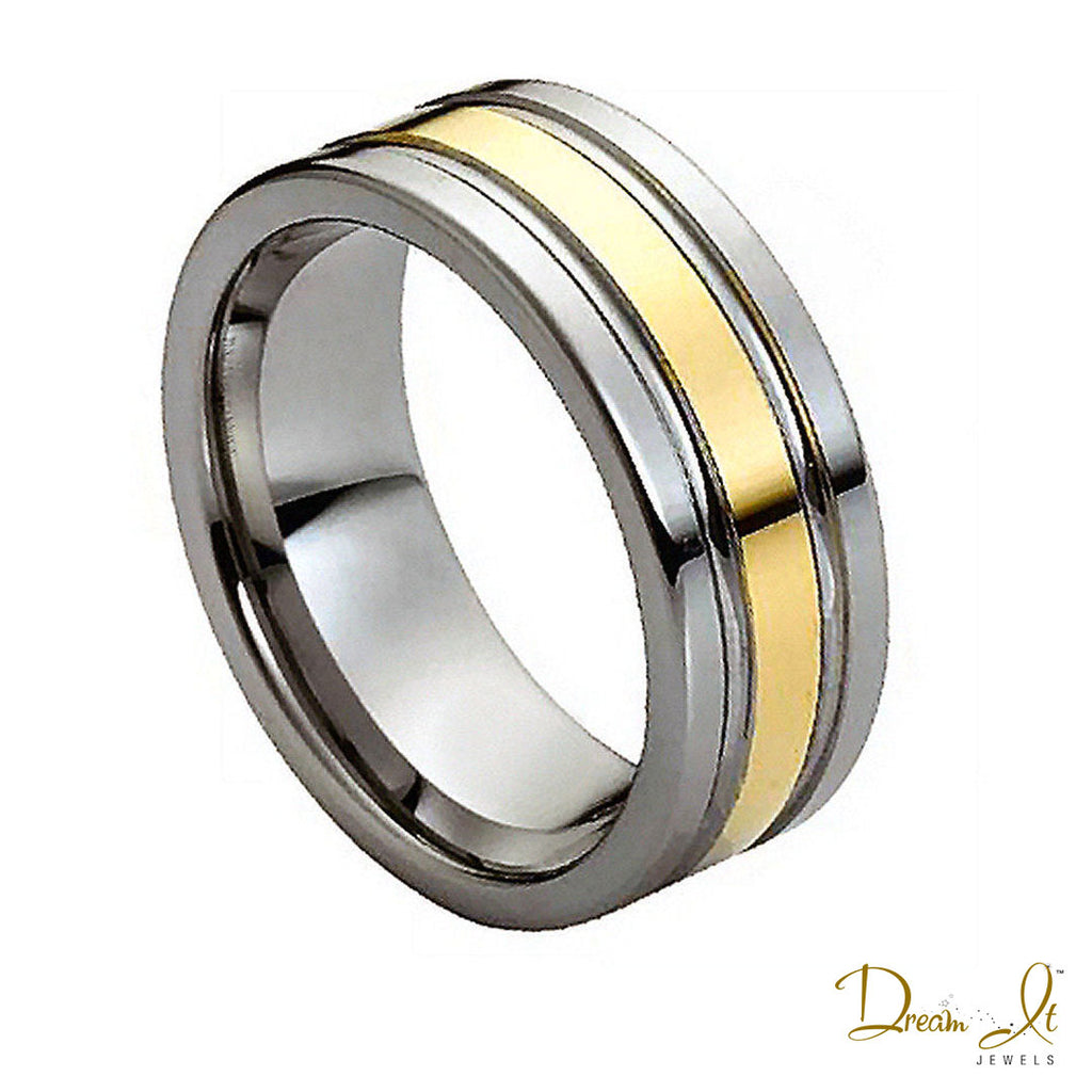 8mm Double Grooved and Yellow Gold Plated Center Tungsten Band | Dream It Jewels