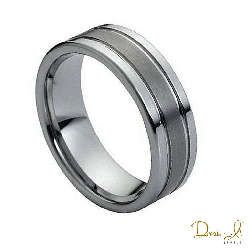 8mm Double Grooved with Brushed Center and Shiny Edged Tungsten Band | Dream It Jewels