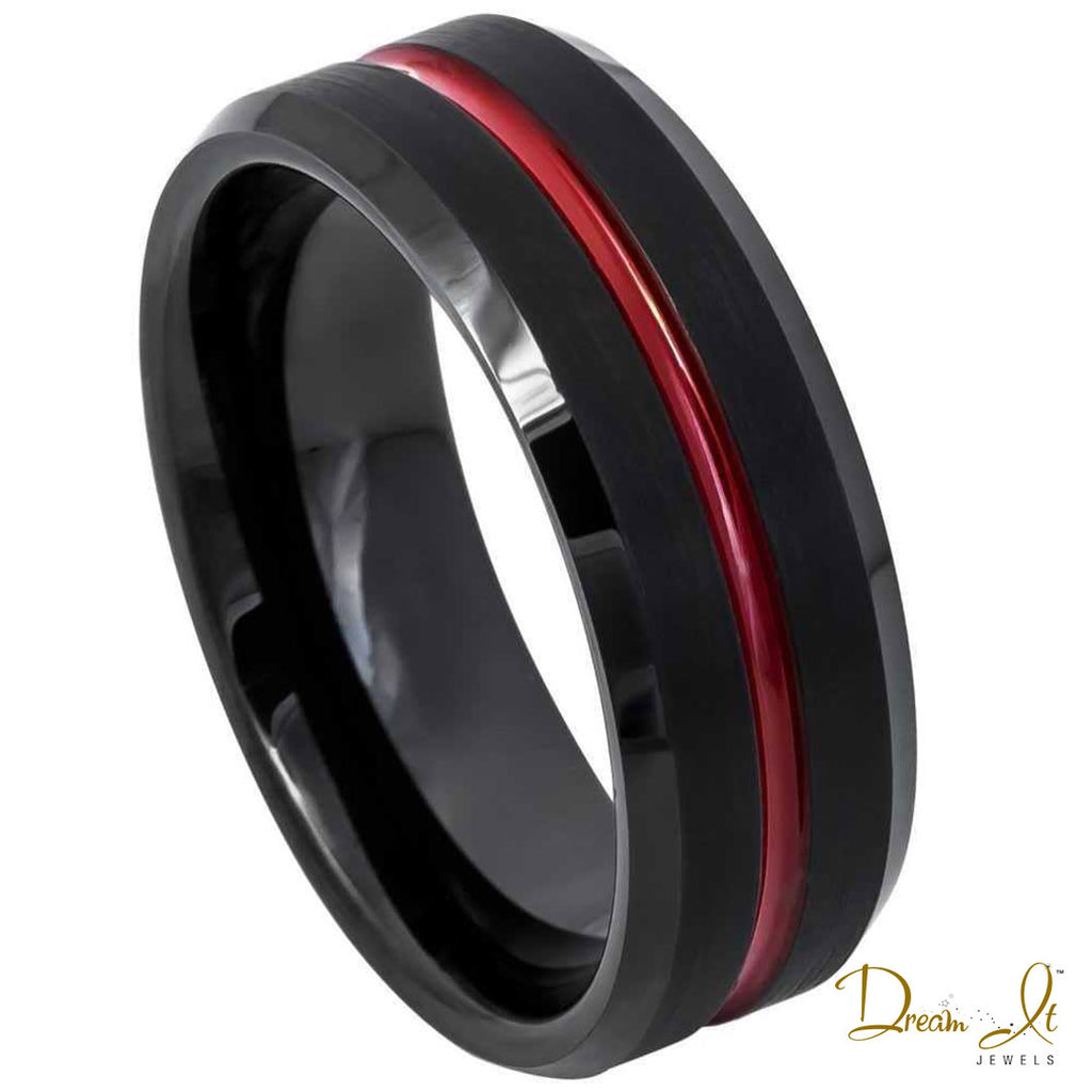 8mm Red Plated Center and Black Brushed Middle with Polished Edges Tungsten Band | Dream It Jewels