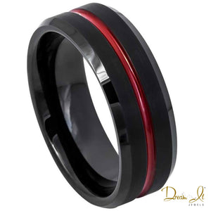 8mm Red Plated Center and Black Brushed Middle with Polished Edges Tungsten Band | Dream It Jewels