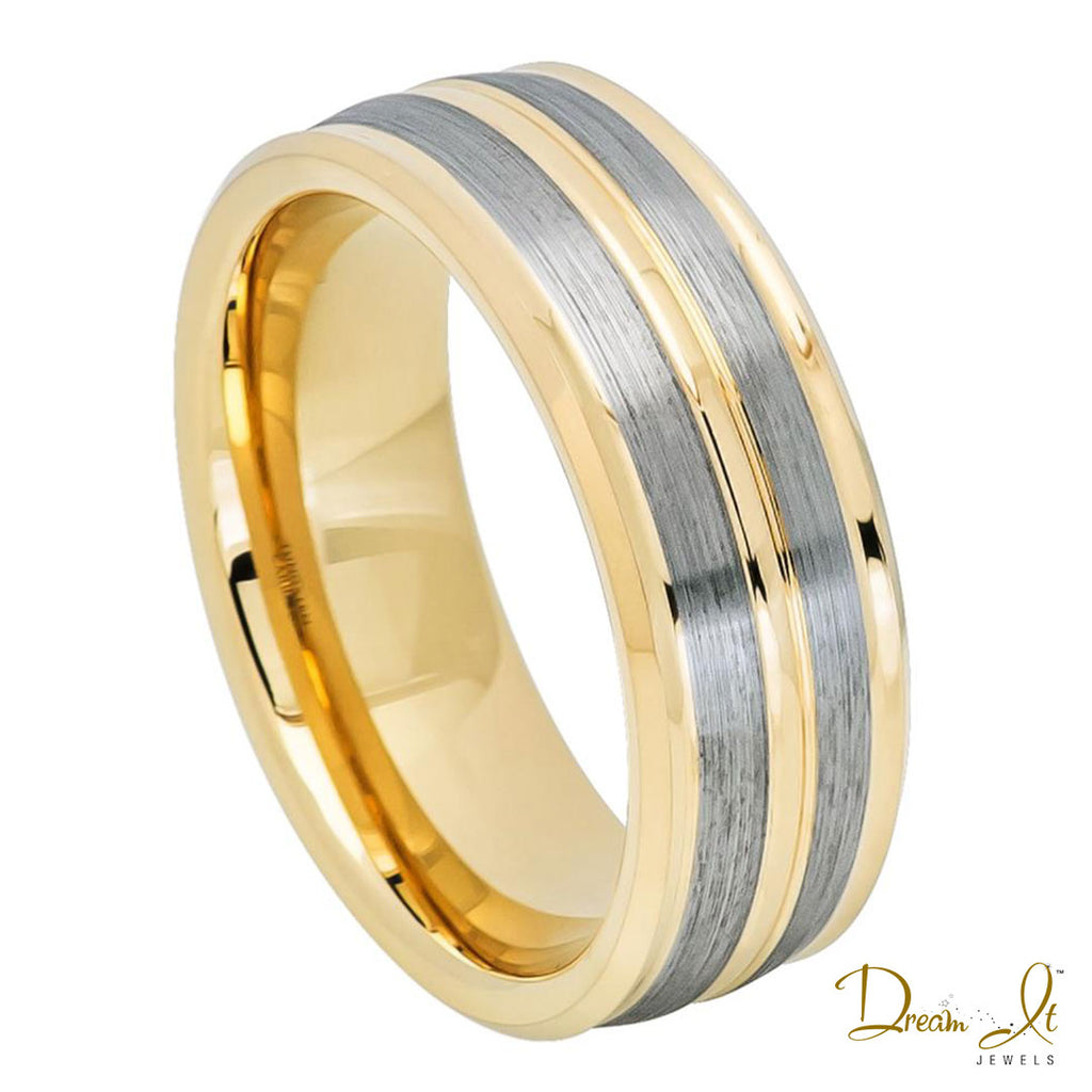 8mm Yellow Plated Gold with Pinstripe Grey Metal Tungsten Band | Dream It Jewels