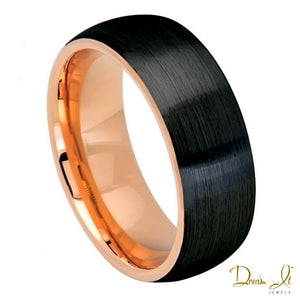 8mm Black Metal Brushed Center and Rose Gold Plated Interior Tungsten Band