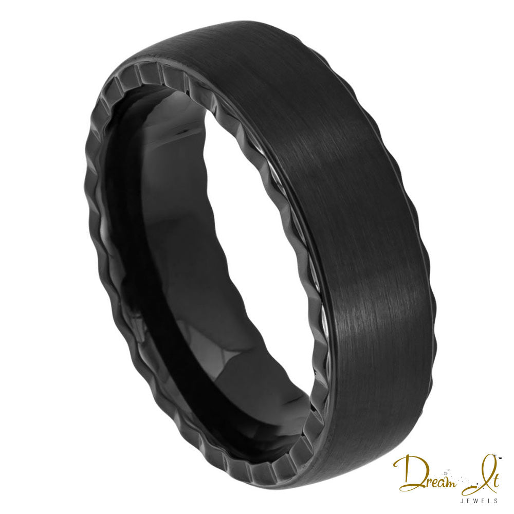 7mm Black Brushed and Grooved Sides Tungsten Band