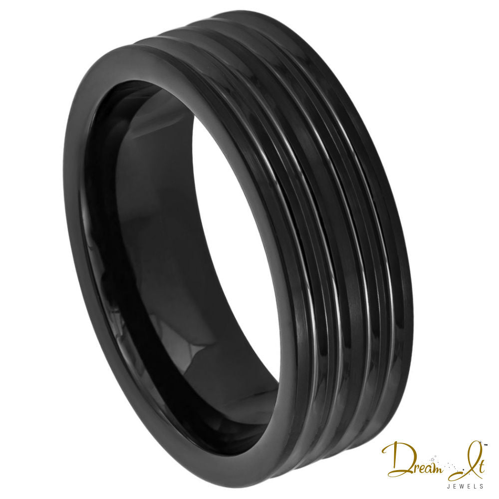 8mm Black and Grooved Lines Tungsten Band