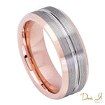 8mm Rose Plated Gold with Pinstripe Grey Metal Tungsten Band